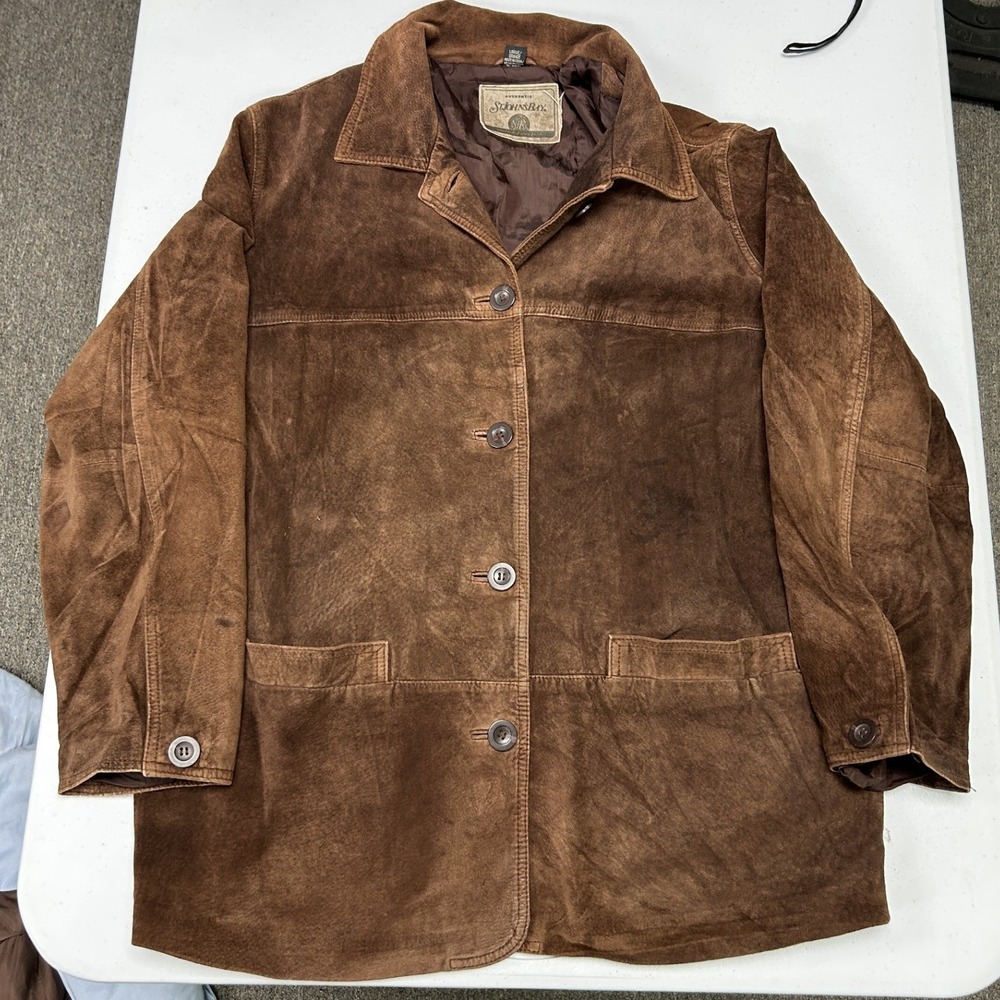 St. Johns Bay Suede Leather Jacket Mens Large Brown Chore Coat Button Front